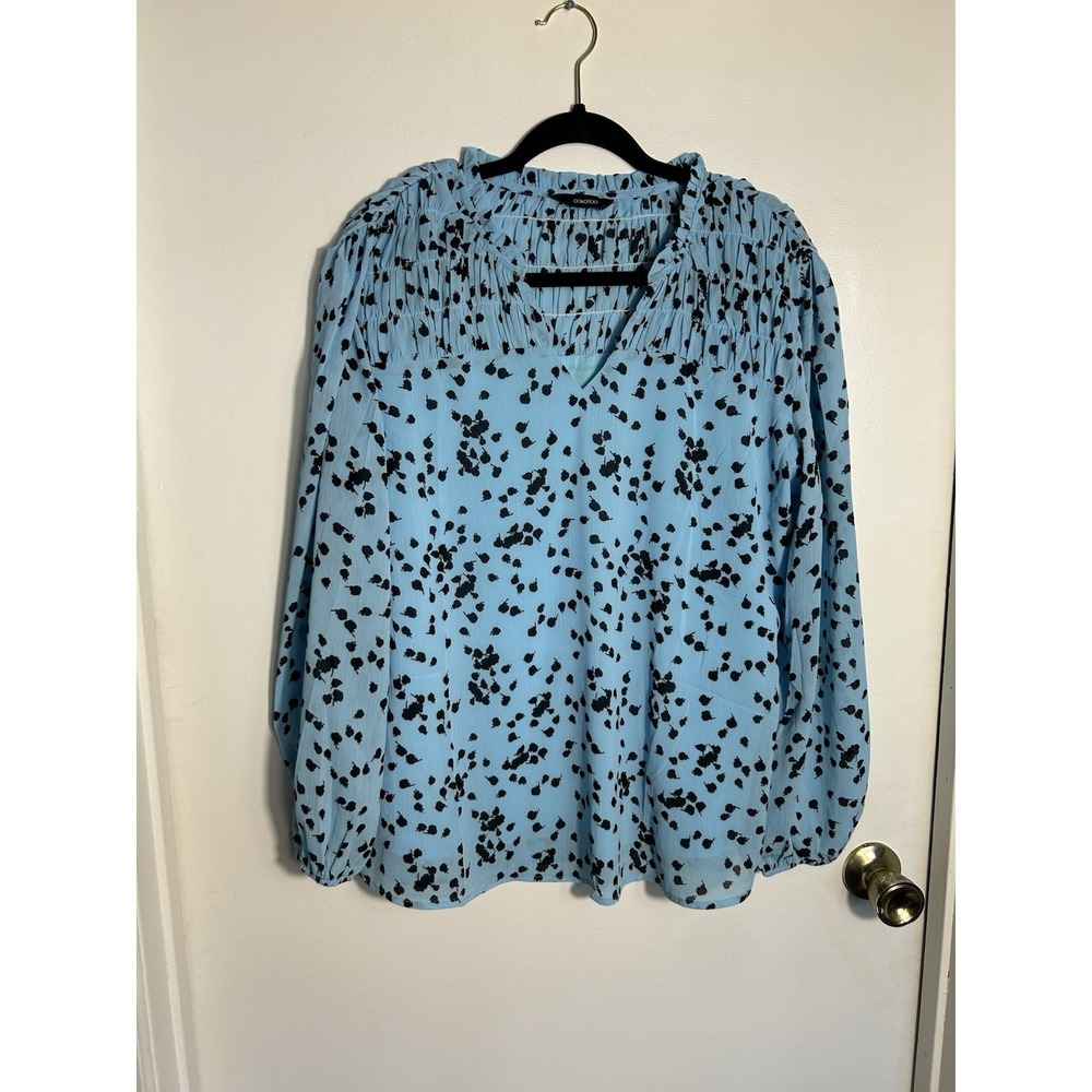 Dokotoo Blue Black Abstract‎ Floral Smocked V-Neck Long Sleeve Chiffon Blouse